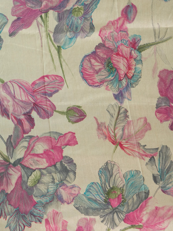 Beige Dola silk saree with pink and blue floral print and contrast teal zari border