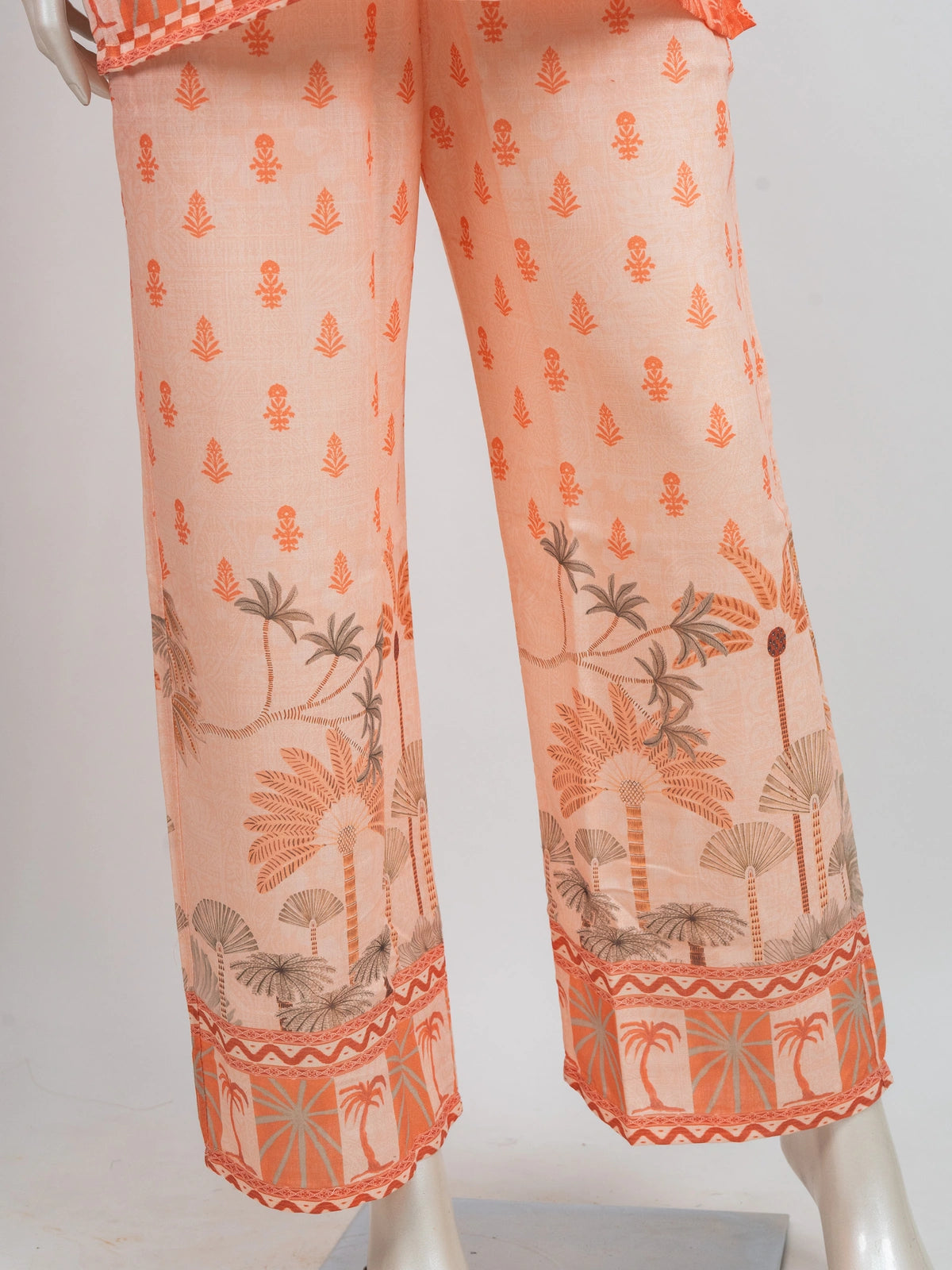Peach and orange cotton tropical palm print co-ord set with short kurti and wide-leg pants