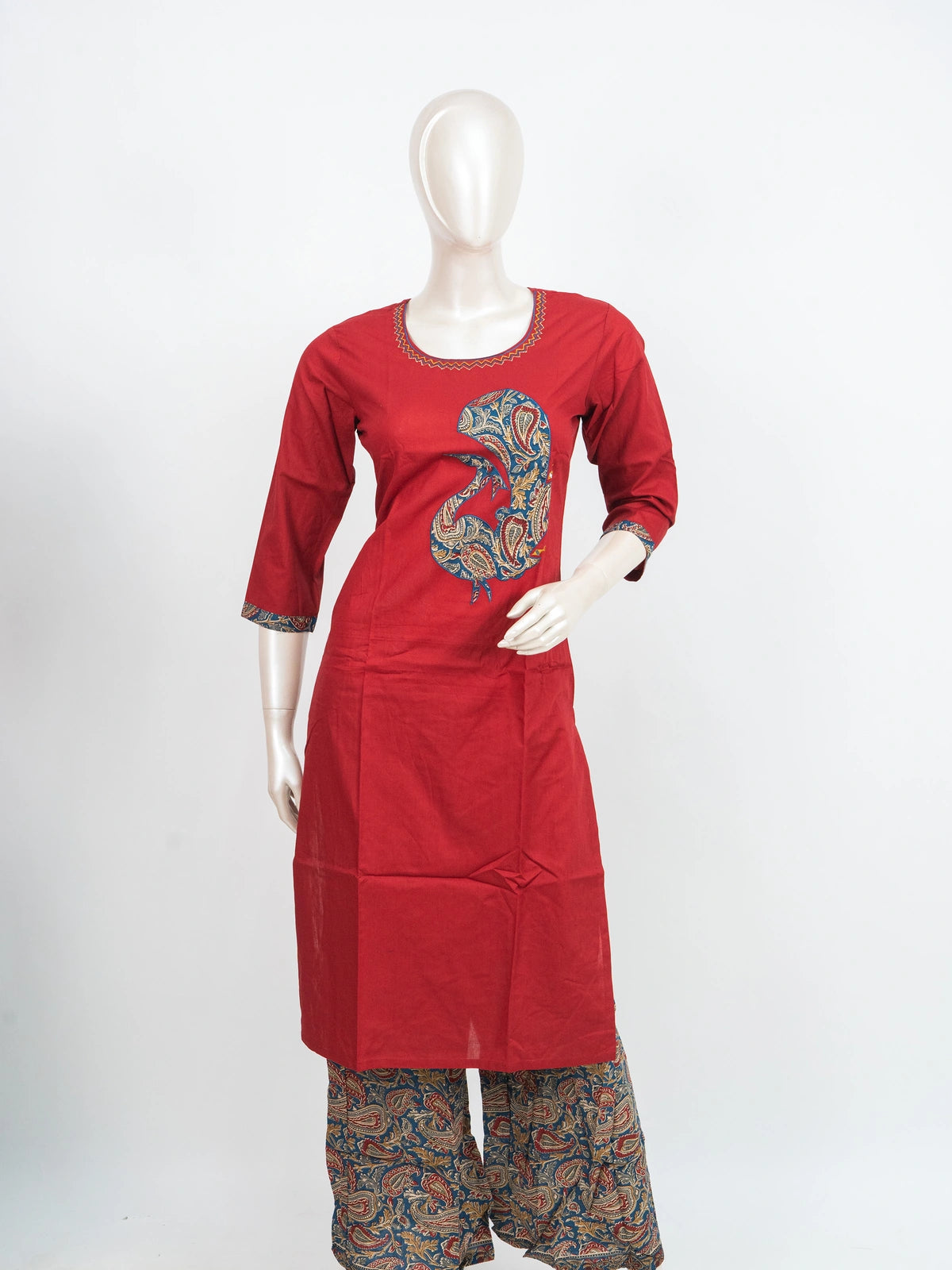 Red cotton straight cut kurti set with Kalamkari paisley applique, printed palazzo and dupatta