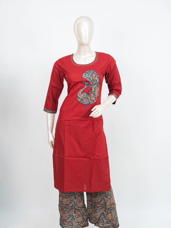 Red cotton straight cut kurti set with Kalamkari paisley applique, printed palazzo and dupatta