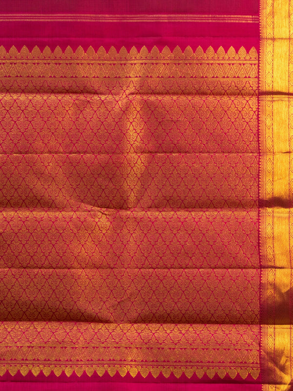 Maroon pure Kanchipuram silk saree with contrast pink and gold zari border and paisley buttas
