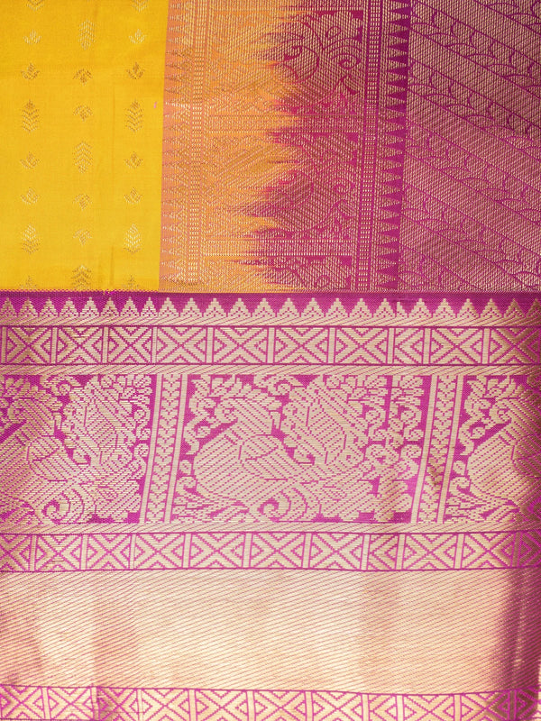 Mustard yellow pure Kanchipuram silk saree with magenta contrast gold zari border and pallu