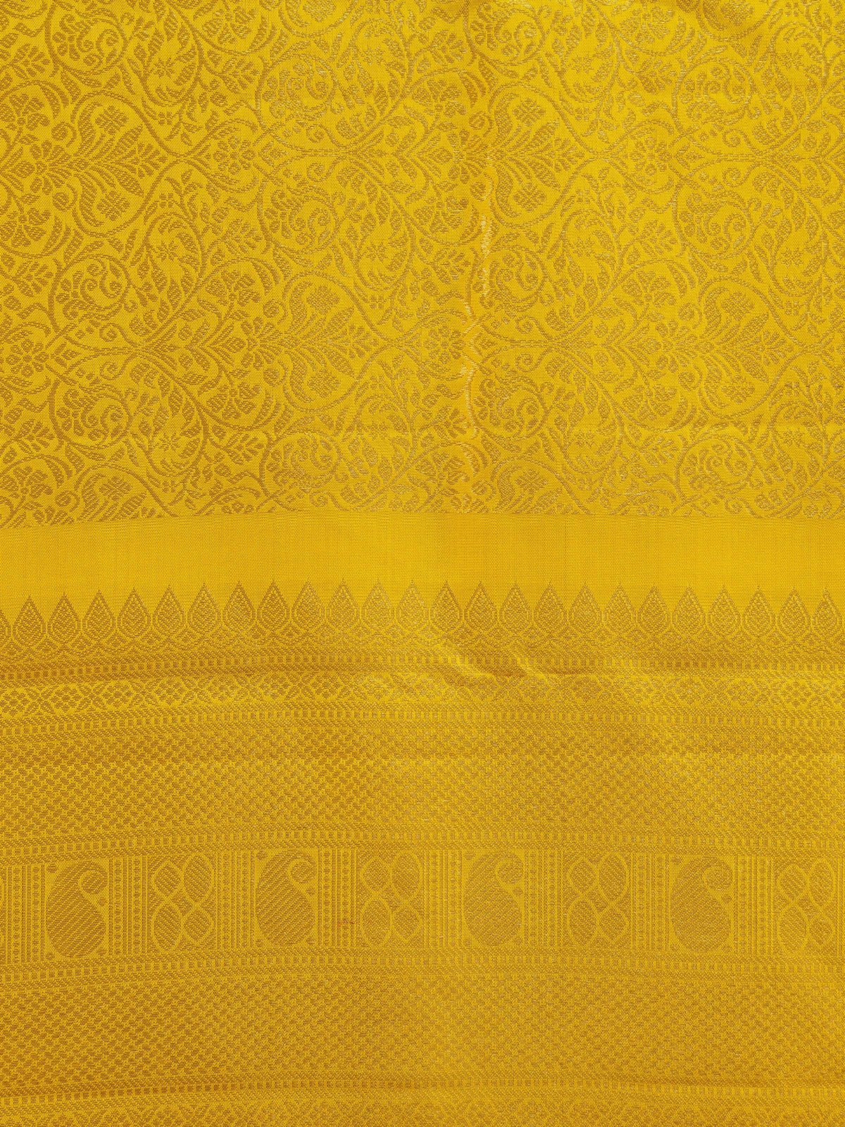 Yellow and gold pure Kanchipuram silk saree with all-over zari jaal and motif pallu