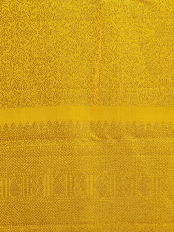 Yellow and gold pure Kanchipuram silk saree with all-over zari jaal and motif pallu