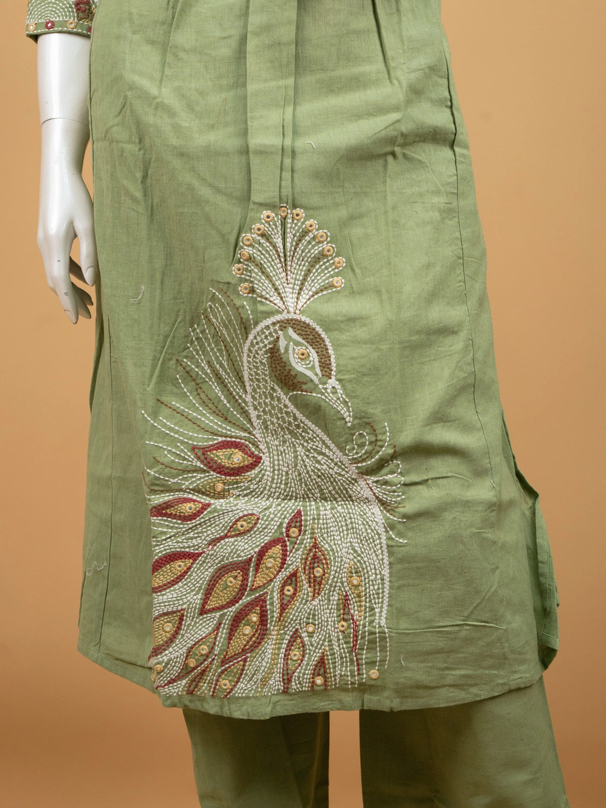 Sage green cotton straight cut kurti set with Kantha peacock embroidery and pink floral dupatta