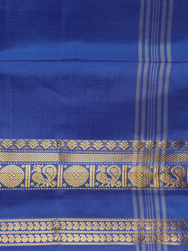 Pink banana silk saree with royal blue contrast pallu and gold zari peacock border