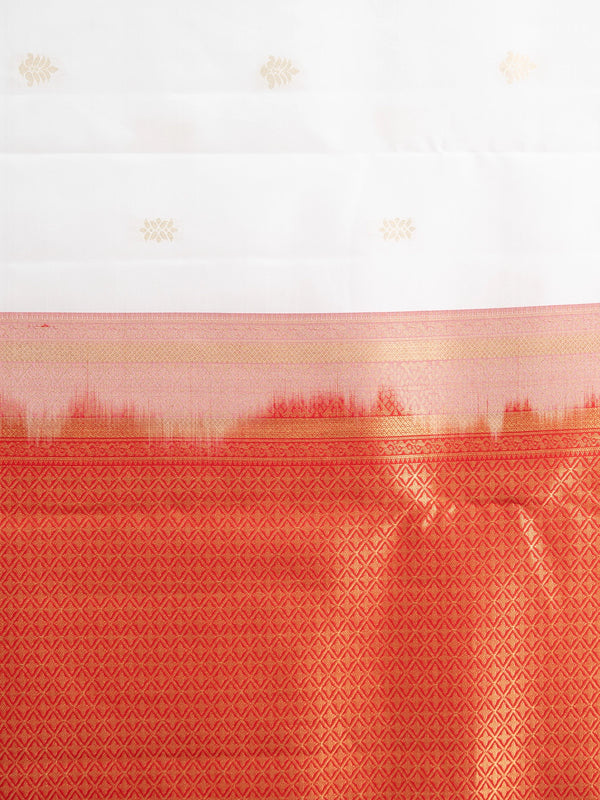 White pure Kanchipuram silk saree with contrast red border and gold zari buttas and pallu