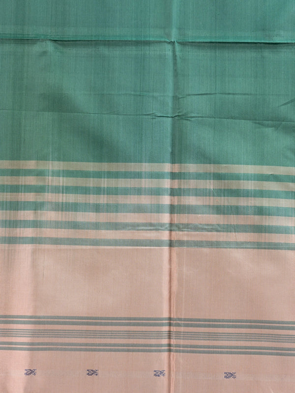Bottle green banana silk saree with gold zari buttas and contrast peach striped pallu