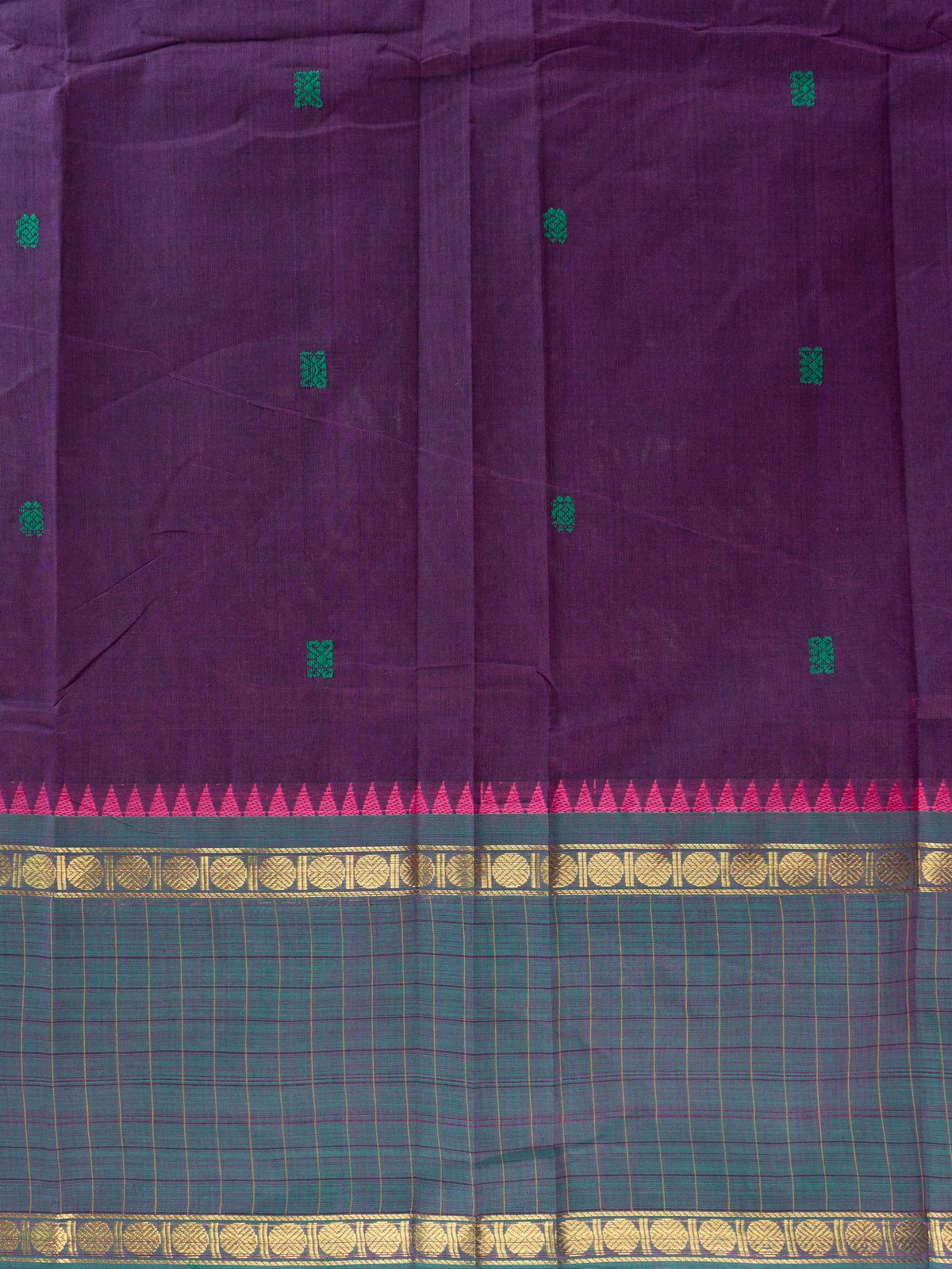 Purple Chettinad cotton saree with teal-green gold zari contrast border, temple motifs and green butta