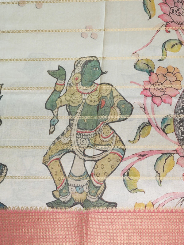 Cream Dola silk saree with pink zari border and Kalamkari peacock-medallion pallu