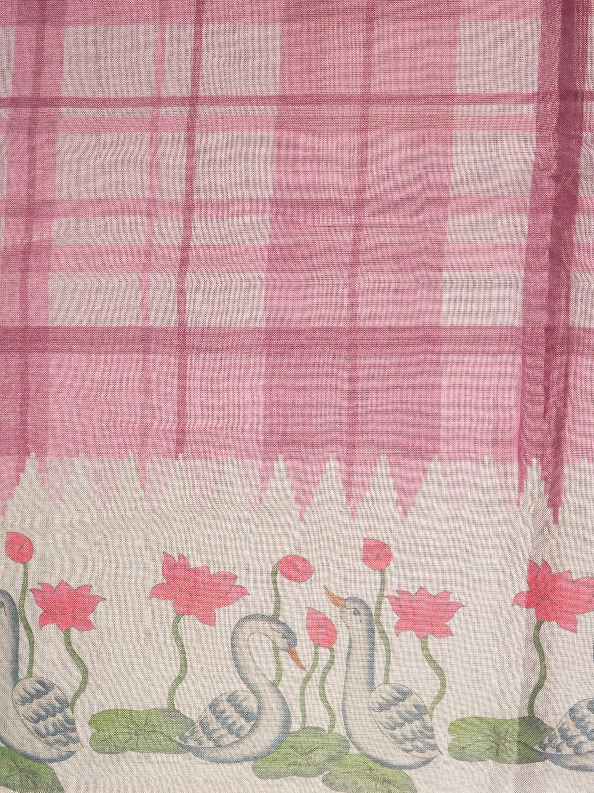 Pink and cream linen cotton saree with checked body and swan and lotus Pichwai printed pallu
