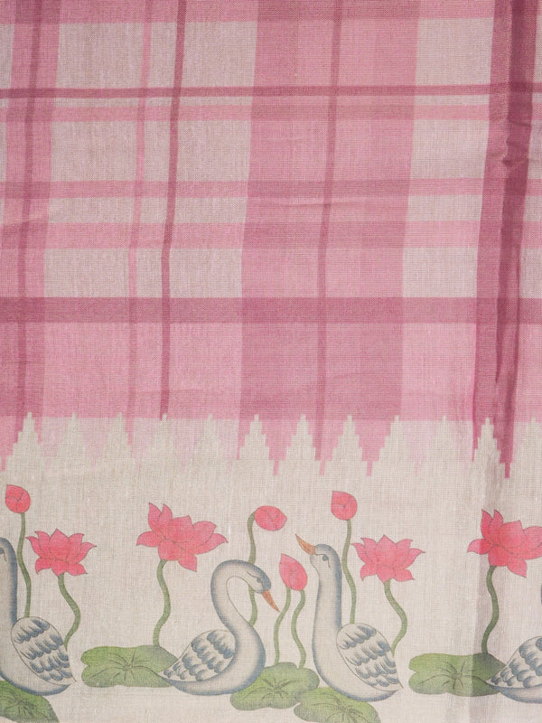 Pink and cream linen cotton saree with checked body and swan and lotus Pichwai printed pallu