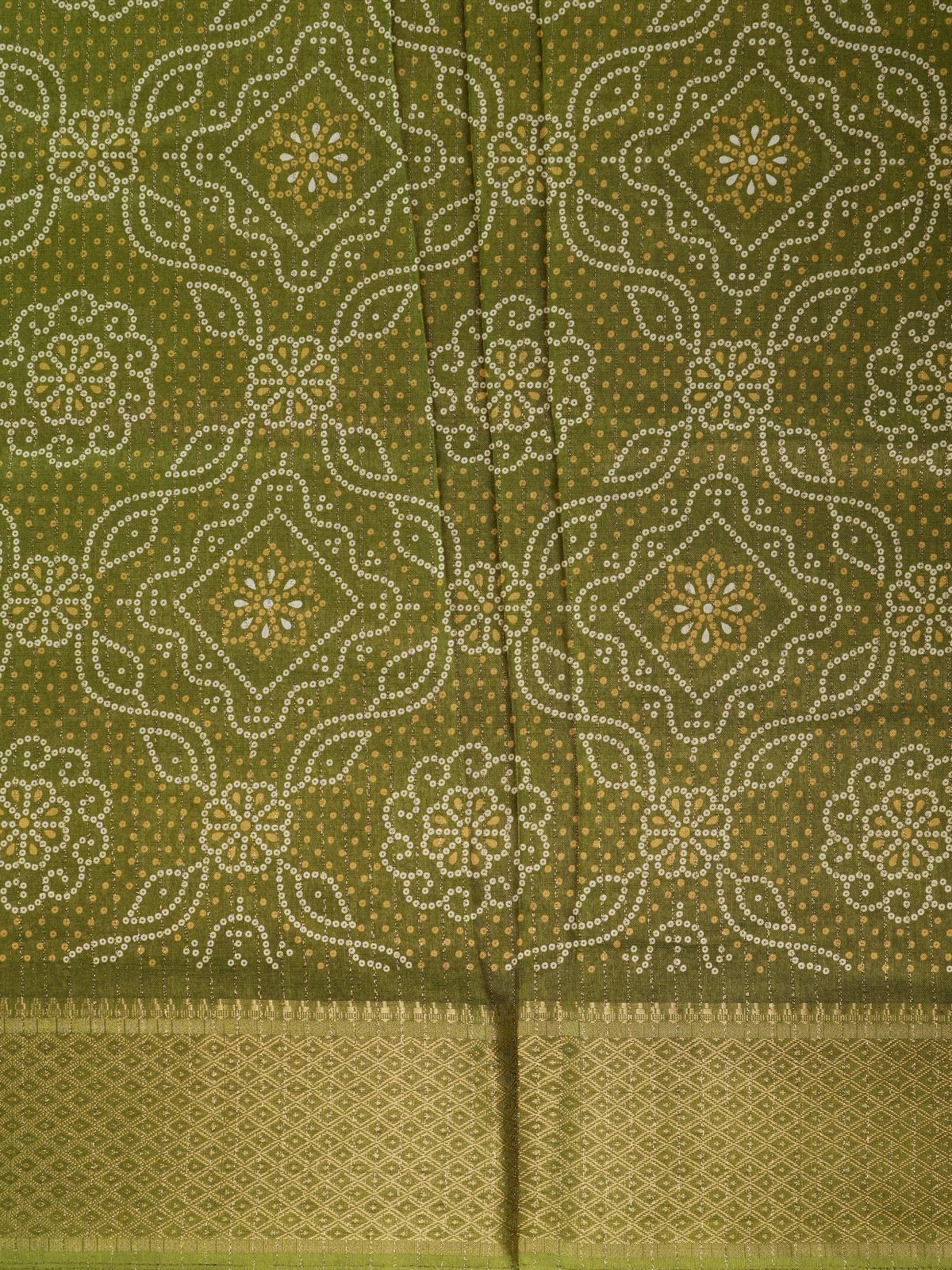 Mehndi green bandhani-print designer saree with gold zari border and matching green blouse