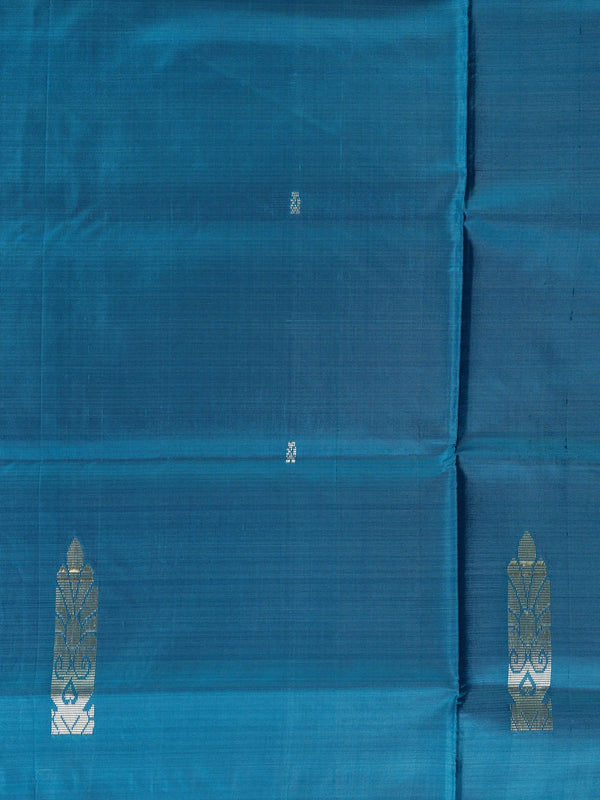 Peacock teal blue Banana Silk saree with silver zari buttas and contrast silver-grey pallu