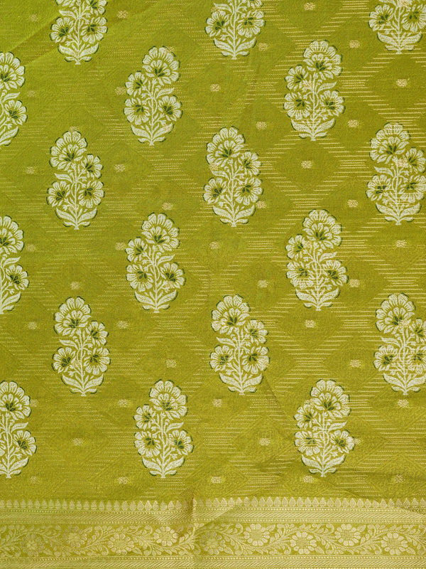 Mehndi green designer art silk saree with cream floral butis and gold zari border