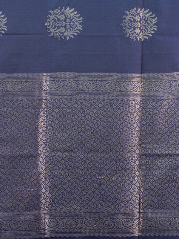 Navy blue Kanchipuram fancy silk saree with peacock blue contrast border and silver zari floral buttas