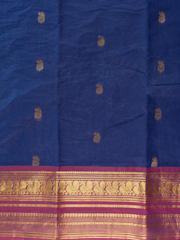 Navy blue Chettinad cotton saree with magenta gold zari border and yellow contrast blouse