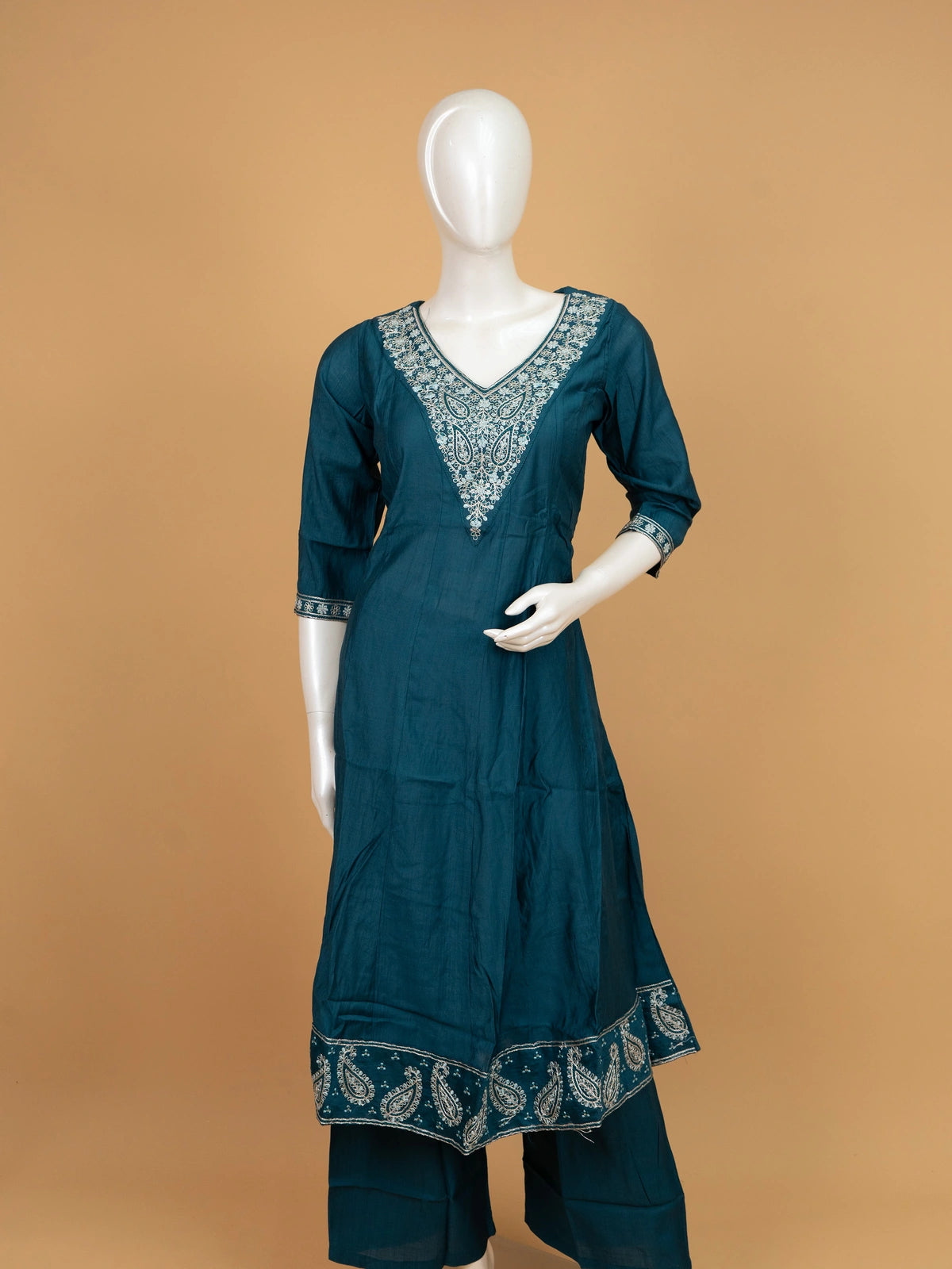Teal cotton silk paisley embroidered A-Line kurti set with printed dupatta and matching pants