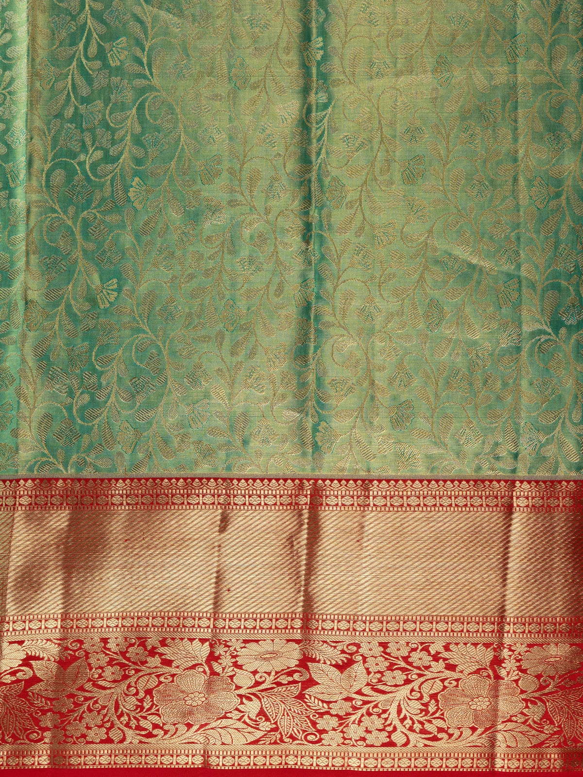 Green pure Kanchipuram silk saree with contrast red border and gold zari floral weaving
