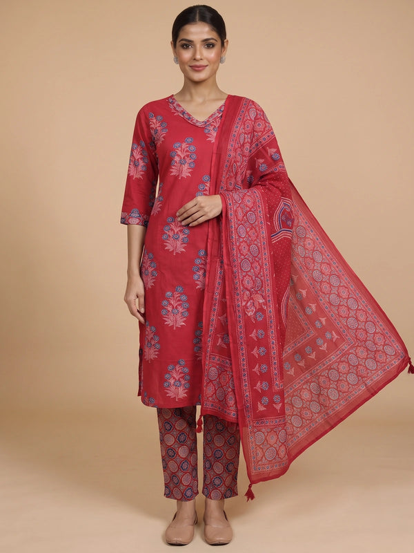 Red floral printed cotton kurti set with blue motifs, straight pants and Ajrakh-print dupatta