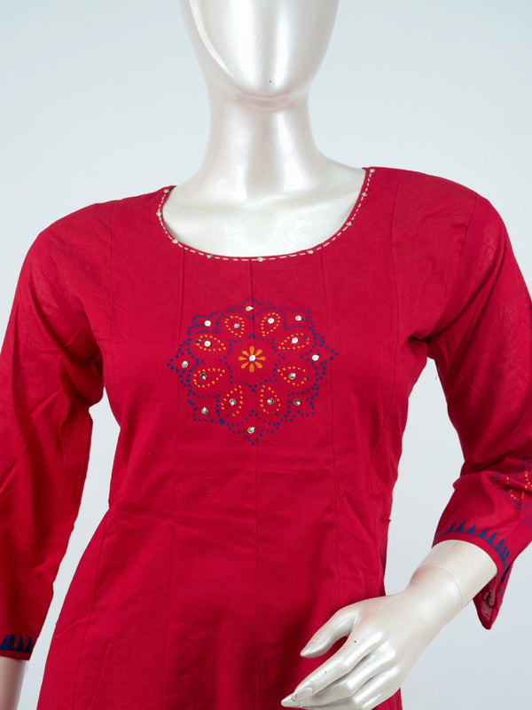 Red cotton mirror work embroidered Anarkali kurti set with printed dupatta and straight pants