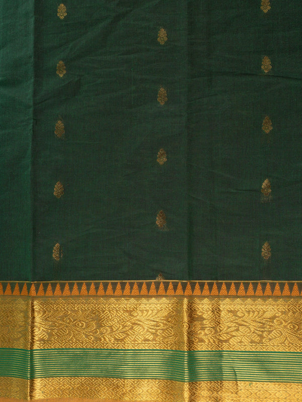 Dark green Chettinad cotton saree with gold zari temple border and woven zari pallu