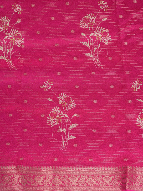 Rani pink designer saree with floral motifs, gold zari butti and woven zari border