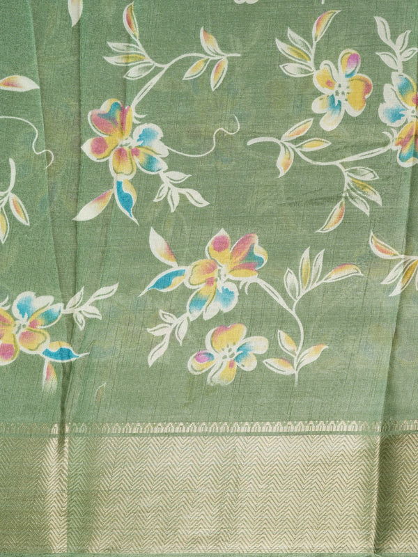 Green floral printed designer saree with gold zari border and decorative pallu