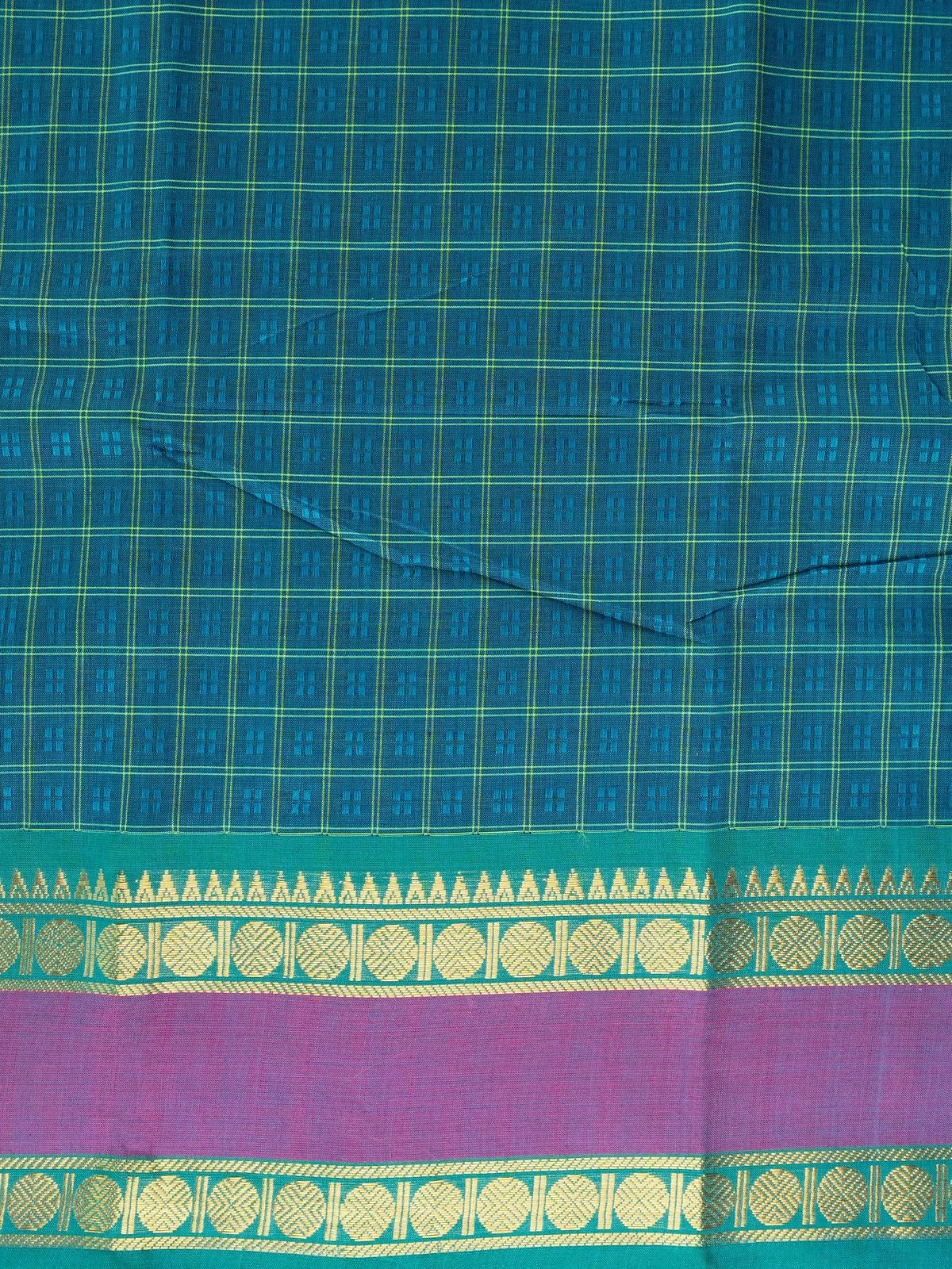 Teal Chettinad cotton saree with checked body and contrast magenta-green gold zari border