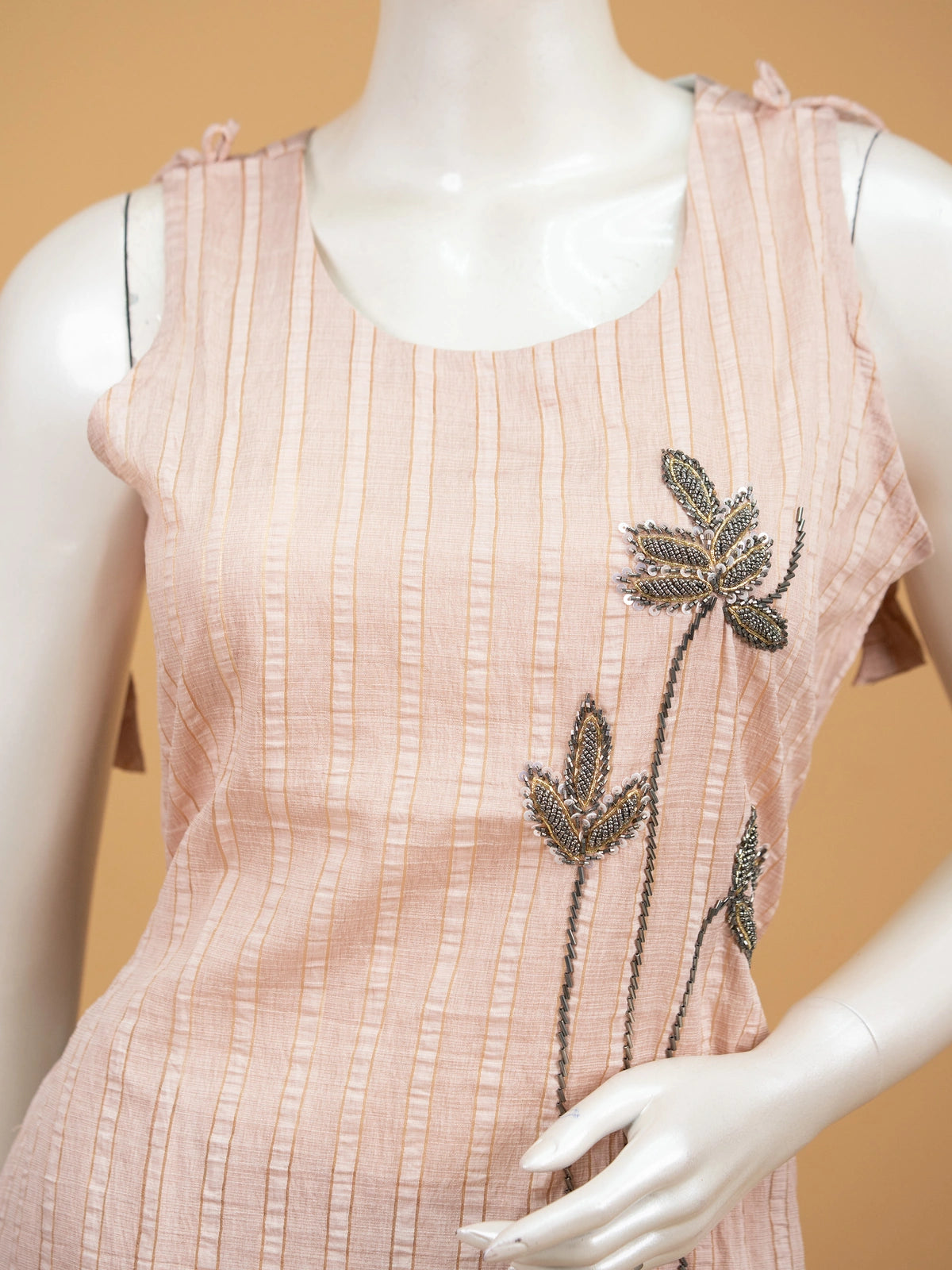 Peach striped cotton straight cut kurti set with floral bead embroidery, palazzo pants, and cream dupatta