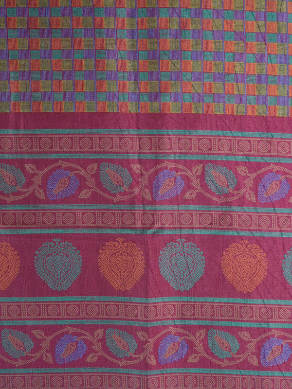 Magenta pink Dola silk saree with teal-blue contrast checked border and floral motif pallu