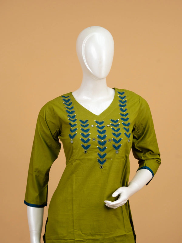 Olive green cotton straight cut kurti set with teal applique mirror work and matching teal floral dupatta