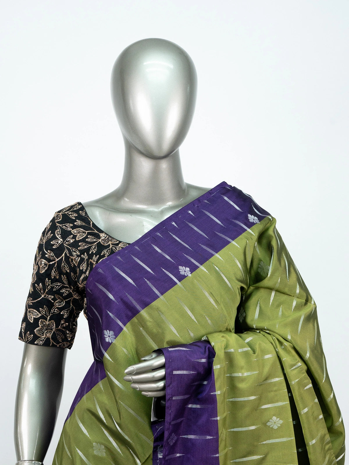 Olive green and purple soft silk saree with silver zari streaks and contrast purple pallu