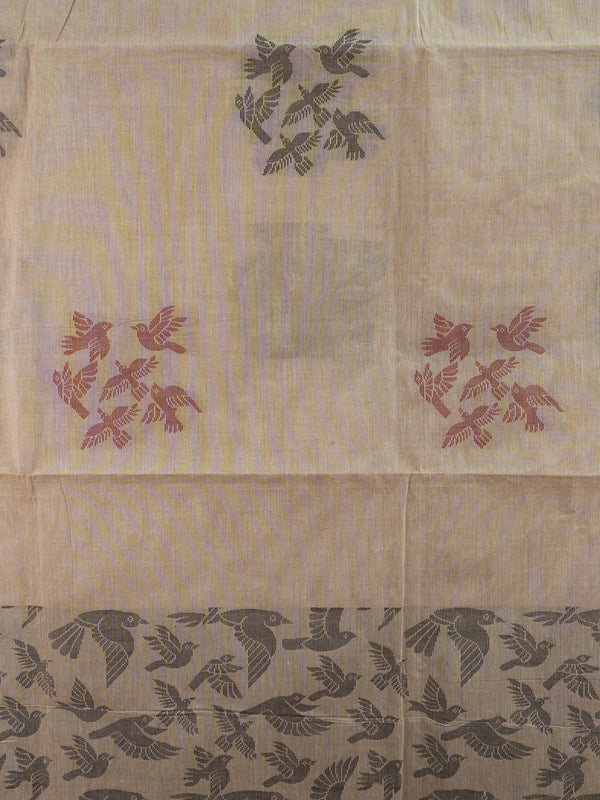 Beige silk cotton saree with grey and maroon flying-bird motifs and a bird-patterned pallu