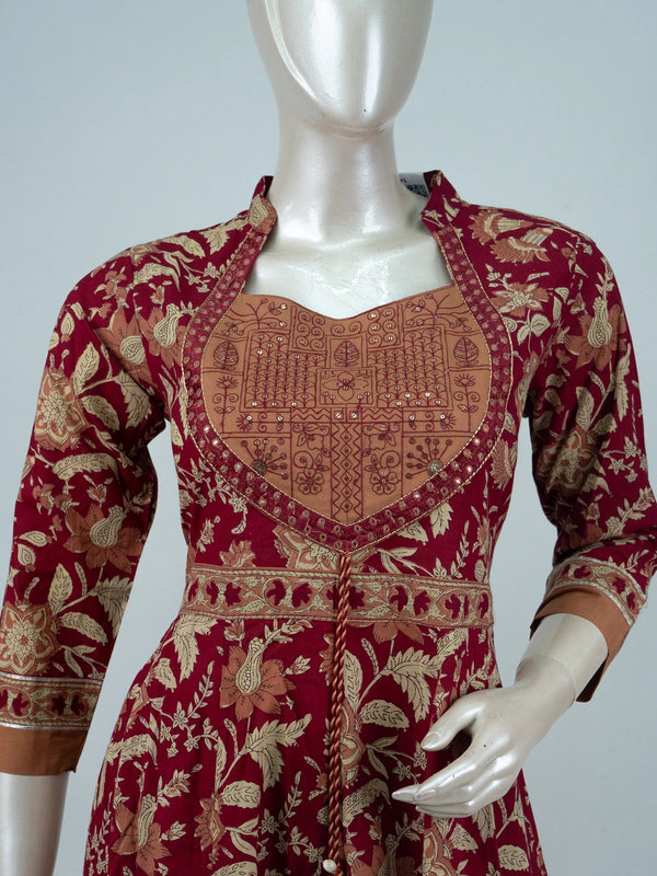 Maroon floral print cotton Anarkali kurti set with mirror work yoke, pants and dupatta