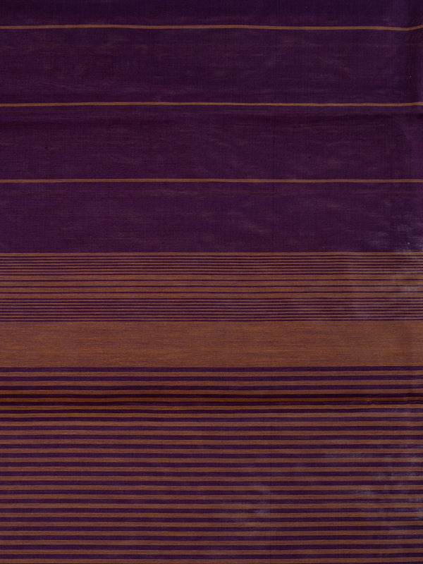 Purple silk cotton saree with gold stripes and mustard striped pallu