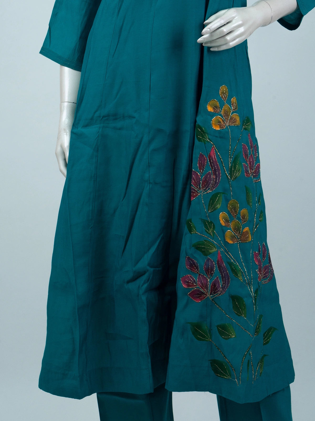 Teal hand-painted floral Anarkali kurti set with pants and sheer painted dupatta