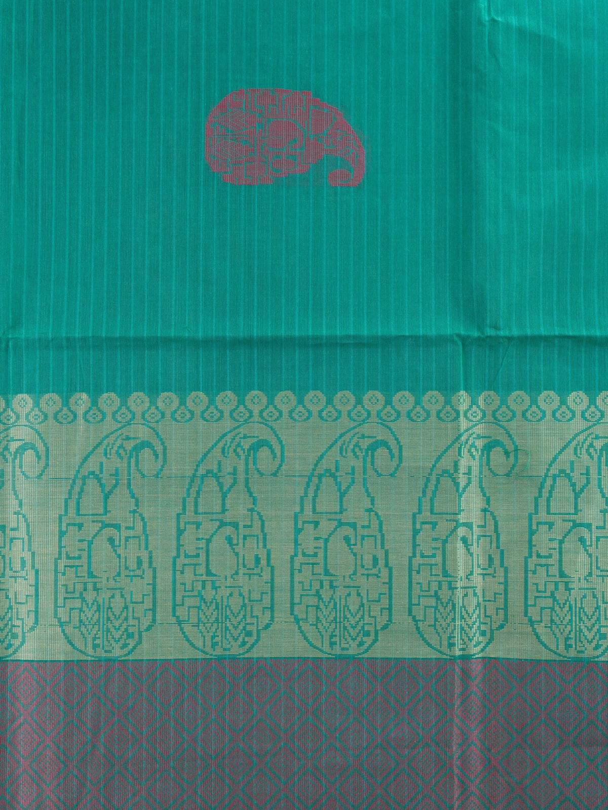 Teal green semi raw silk saree with magenta gold zari paisley border and buttas