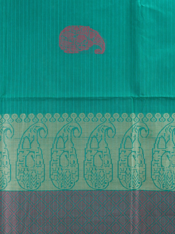 Teal green semi raw silk saree with magenta gold zari paisley border and buttas