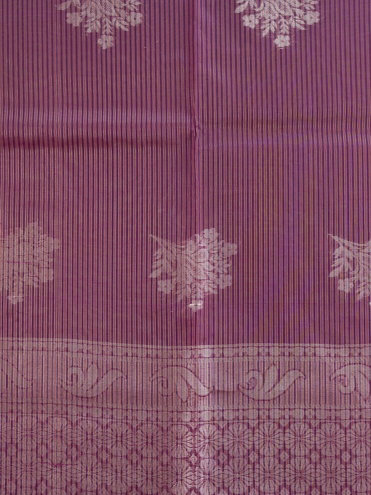 Wine purple silk cotton saree with silver zari floral buttas, contrast border, and ornate zari pallu