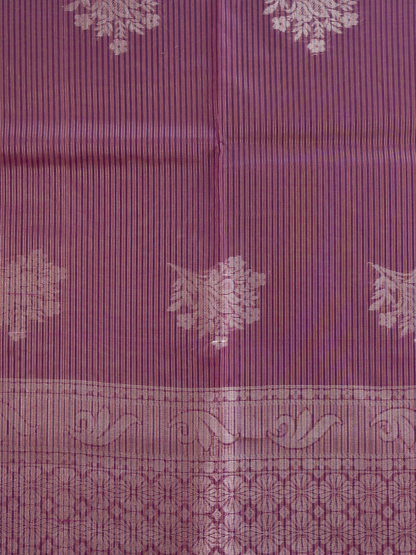 Wine purple silk cotton saree with silver zari floral buttas, contrast border, and ornate zari pallu