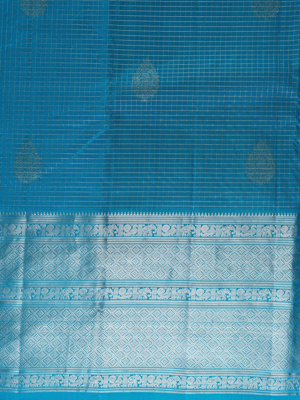 Peacock blue pure Kanchipuram silk saree with silver zari checks, paisley butis and elephant-motif border