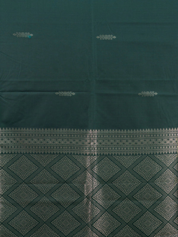 Bottle green semi silk saree with copper contrast border and gold zari pallu