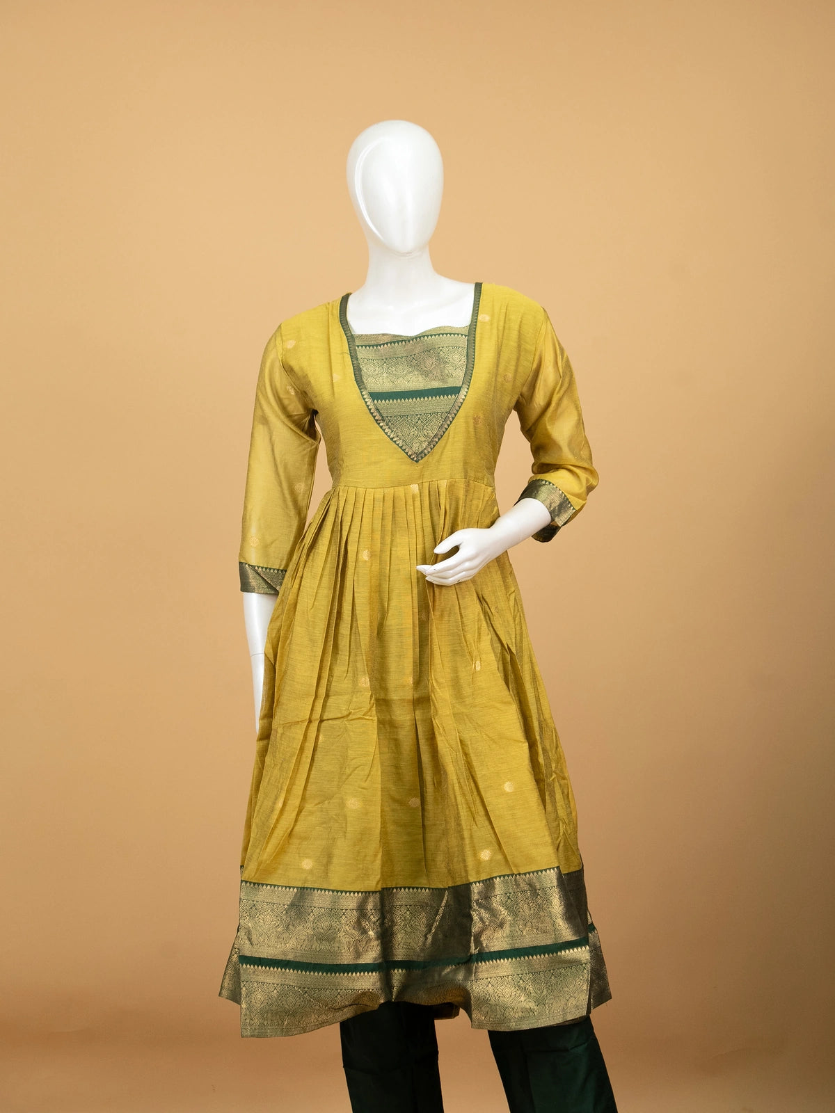 Mustard and green zari woven cotton silk Anarkali kurti set with contrast V-yoke and green dupatta
