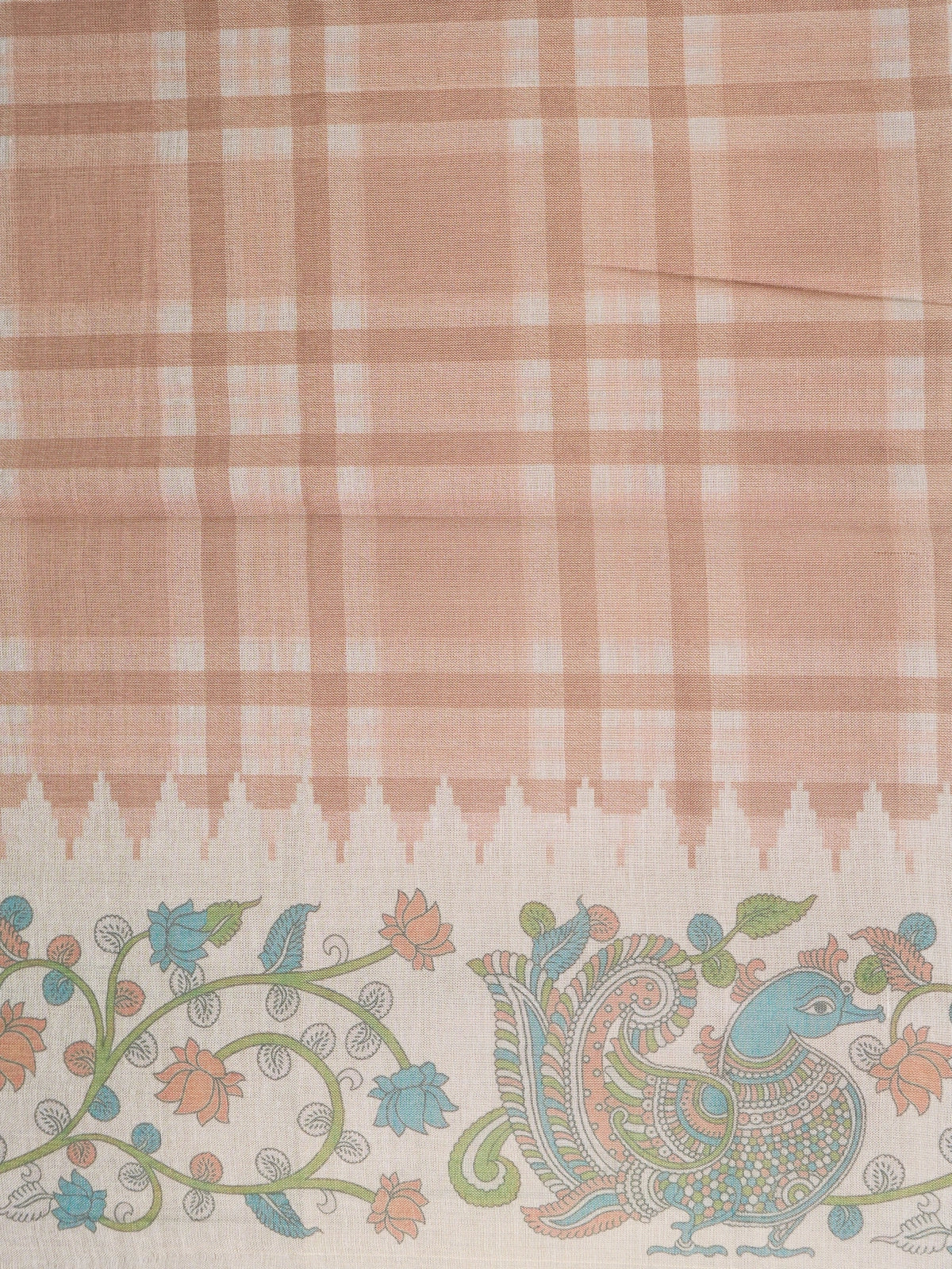 Peach beige and cream linen cotton saree with Kalamkari peacock pallu and checked body