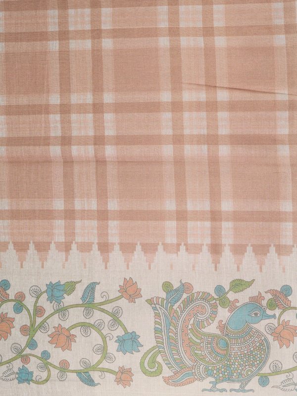 Peach beige and cream linen cotton saree with Kalamkari peacock pallu and checked body