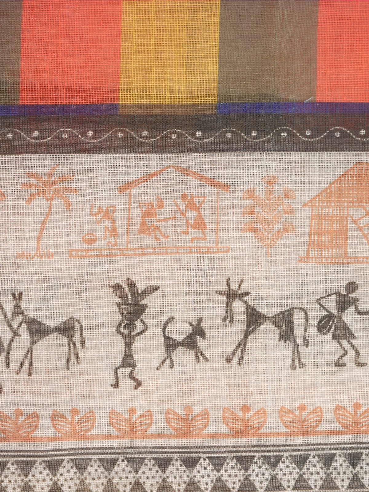 Multicolour checked linen cotton saree with Warli tribal print border and yellow blouse