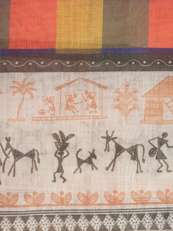 Multicolour checked linen cotton saree with Warli tribal print border and yellow blouse