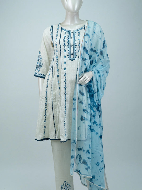 Off-White blue floral embroidered cotton anarkali kurti set with tie-dye dupatta