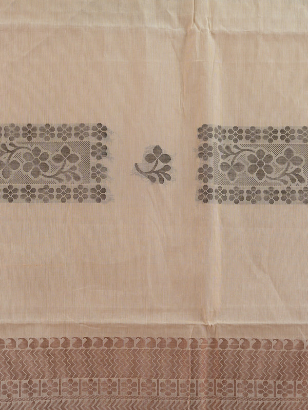 Beige silk cotton saree with grey contrast border and woven floral motifs